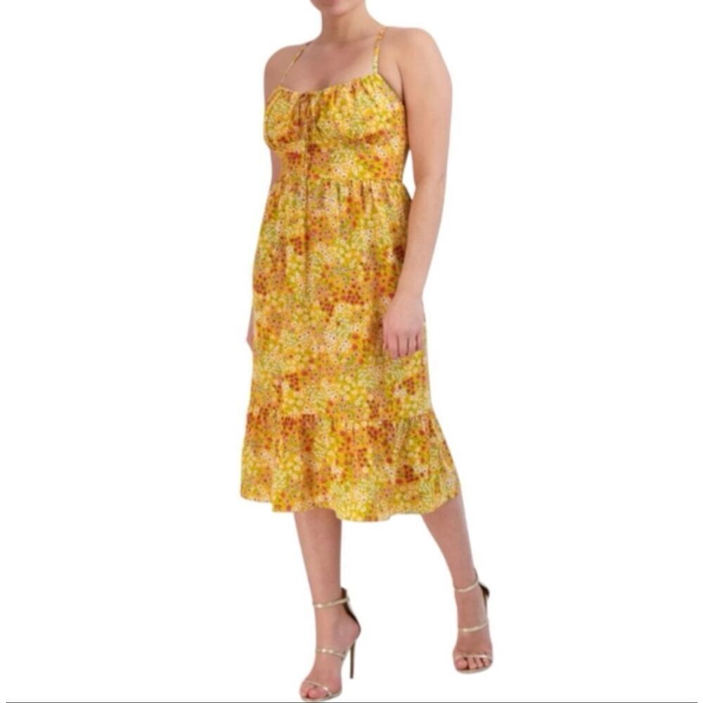 BCBG Paris Womens Dress MilkMaid Midi Mustard Size Medium Floral